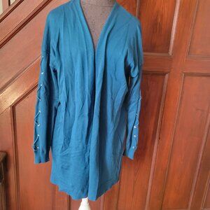 Relativity Teal Long Sleeve Open Cardigan Sweater With Lace-Up Sleeve Detail Siz